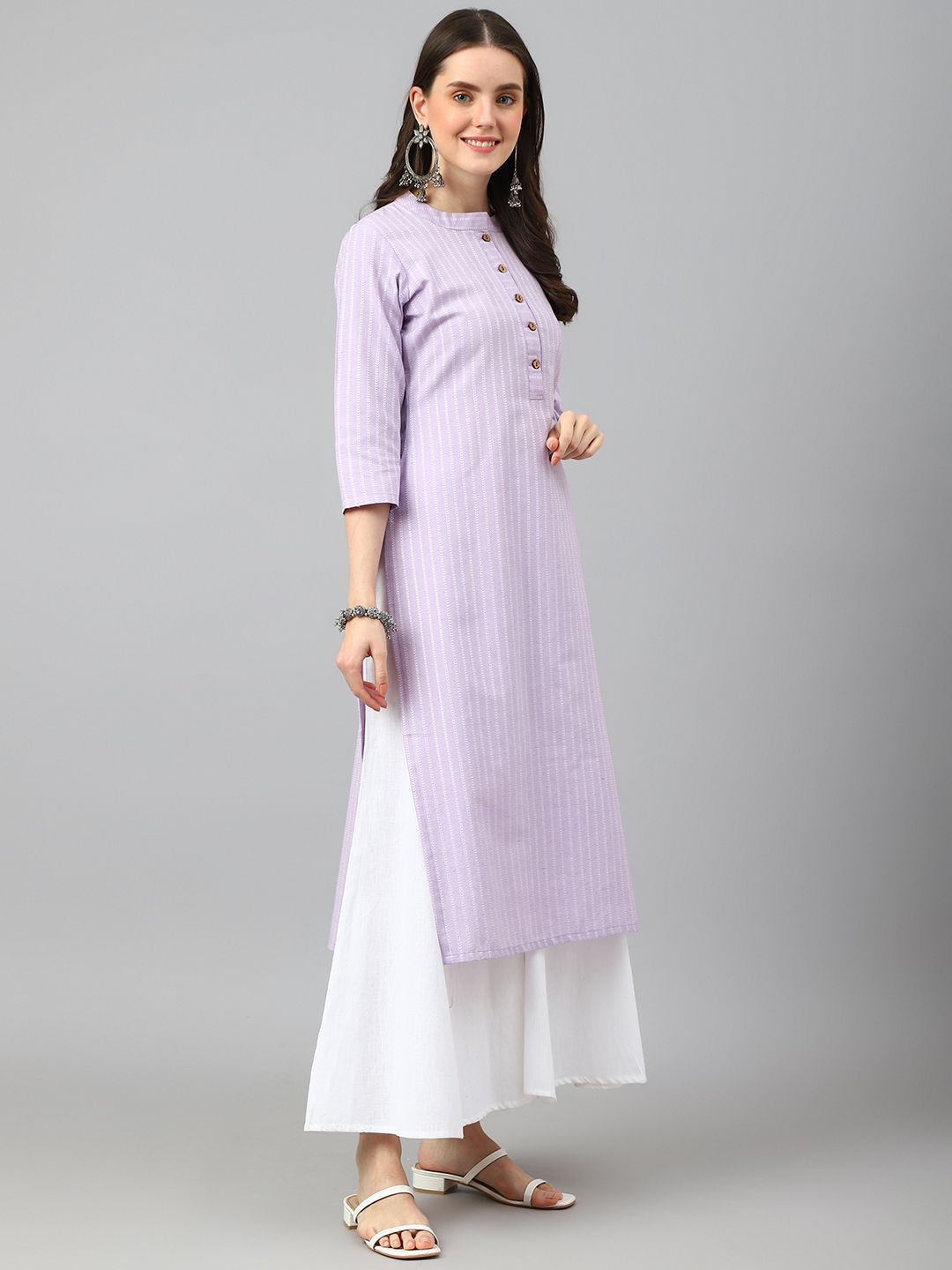 KALINI Striped Mandarin Collar Jacquard Cotton Straight Kurta