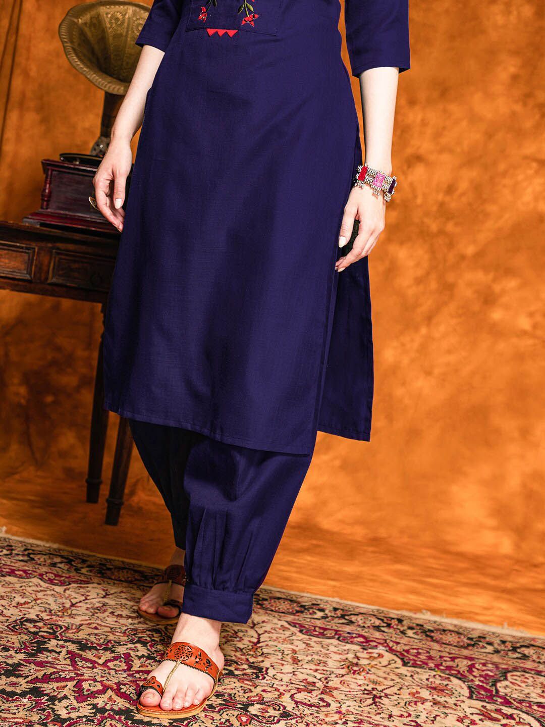 KALINI Floral Embroidered Mirror Work Straight Kurta With Salwar & Dupatta