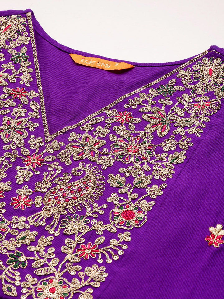 Indo Era Floral Embroidered Pleated Aari Work Liva Kurta With Trousers & Dupatta