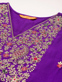 Indo Era Floral Embroidered Pleated Aari Work Liva Kurta With Trousers & Dupatta
