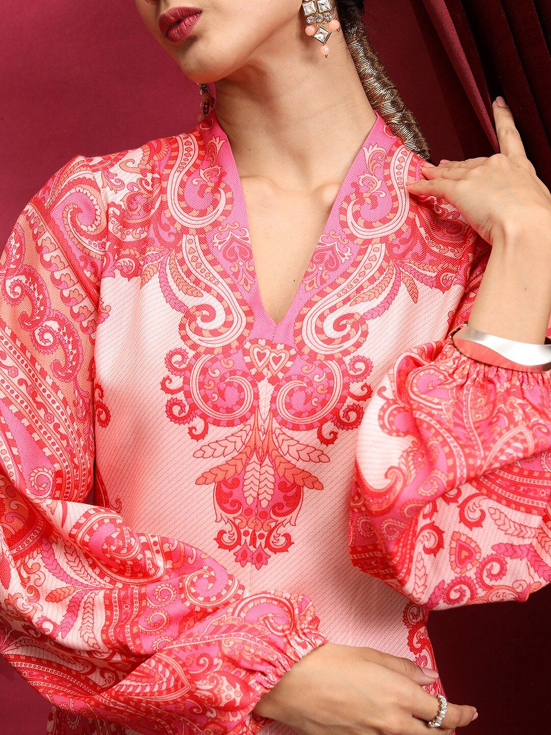 Vishudh Pink Ethnic Motifs Printed V-Neck Straight Kurta with Palazzos