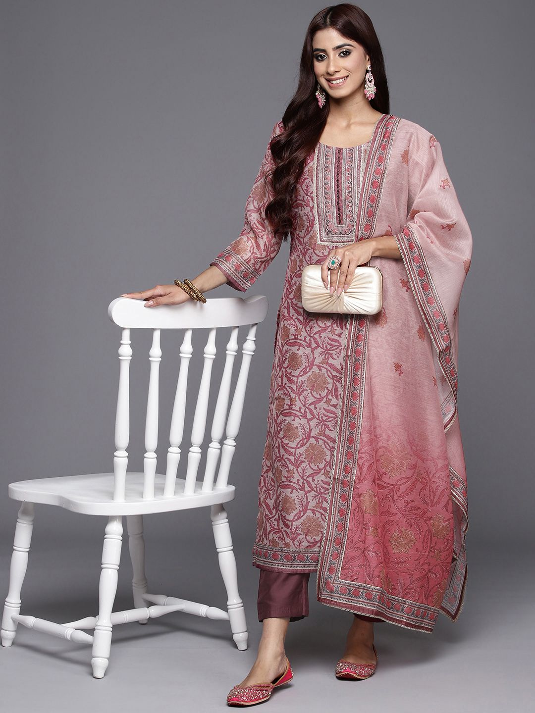 Libas Floral Yoke Design Regular Mirror Work Kurta With Trousers & With Dupatta