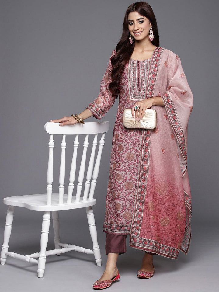 Libas Floral Yoke Design Regular Mirror Work Kurta With Trousers & With Dupatta