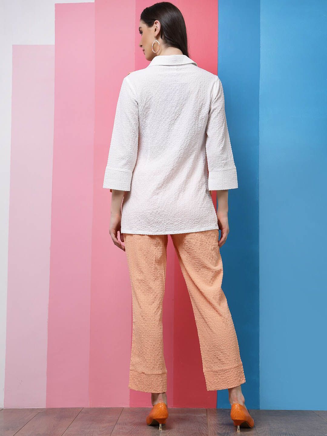 Athena White & Peach Self-Design Shirt Collar Shirt With Trousers & Scarf Co-Ords