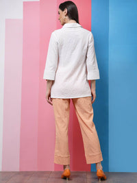 Athena White & Peach Self-Design Shirt Collar Shirt With Trousers & Scarf Co-Ords