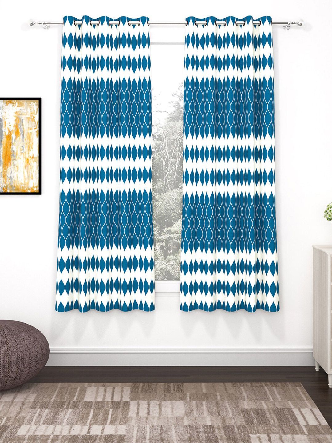 Story@home Nature Blue & White 2 Pieces Geometric Printed Window Curtains