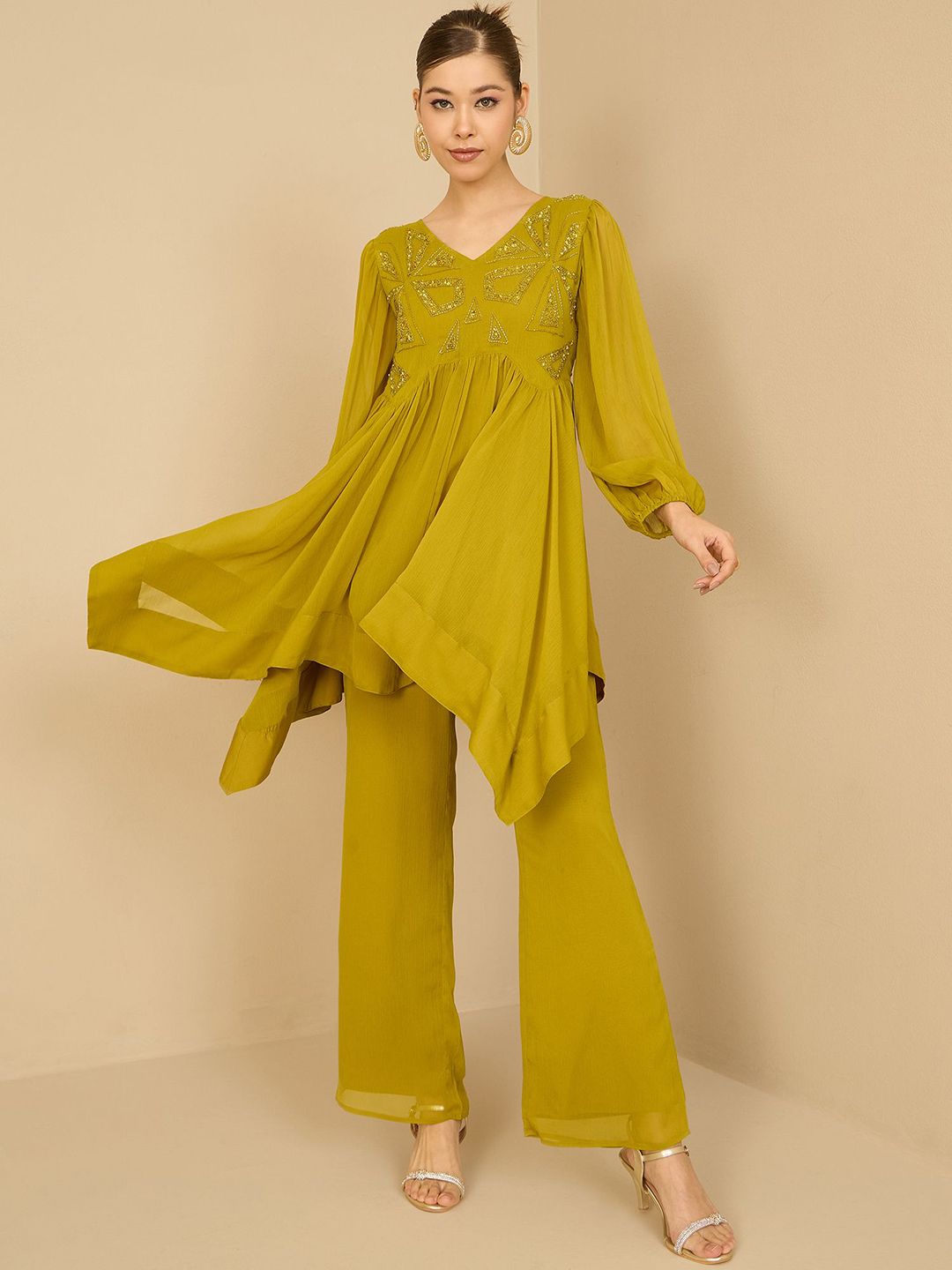 Antheaa Women Embellished V-Neck Tunic With Trouser