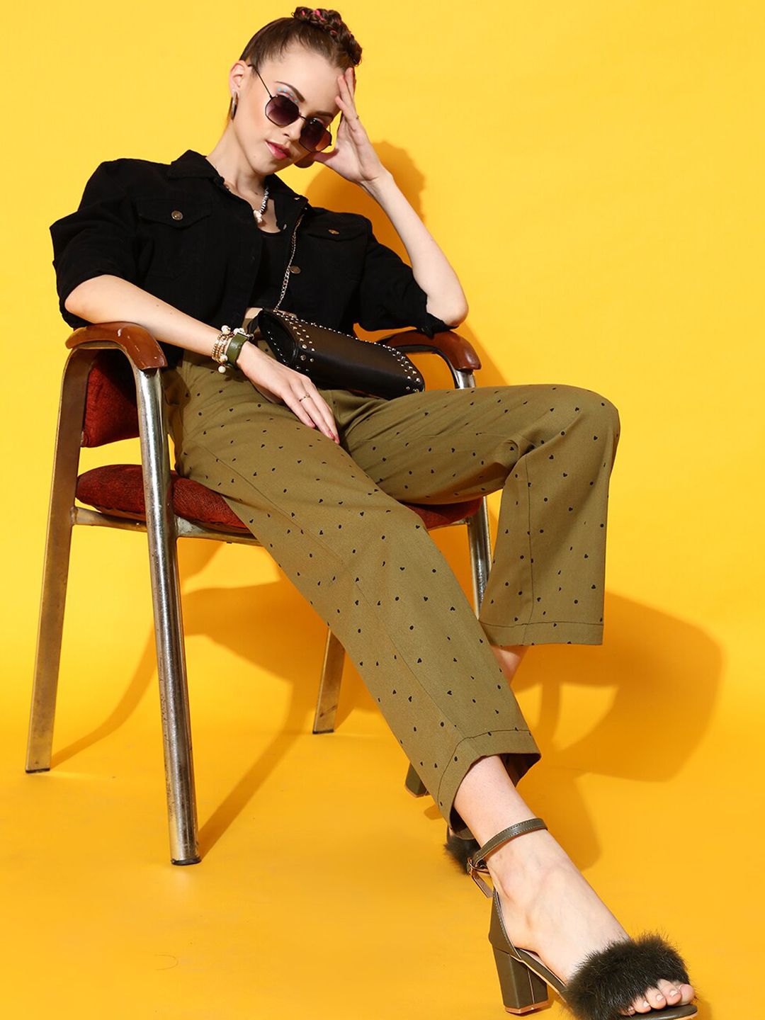 STREET 9 Women Olive Green Smart Flared High-Rise Trousers