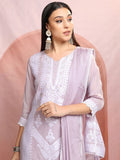 Vishudh Purple Floral Embroidered Mirror Work Straight Kurta With Trousers & Dupatta