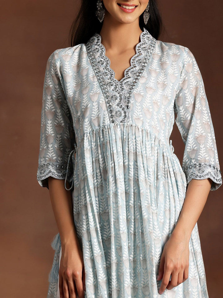 Libas Grey Floral Printed V-Neck Flared Pure Cotton A-Line Kurta With Palazzos & Dupatta