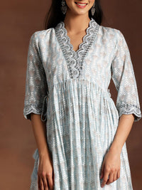 Libas Grey Floral Printed V-Neck Flared Pure Cotton A-Line Kurta With Palazzos & Dupatta