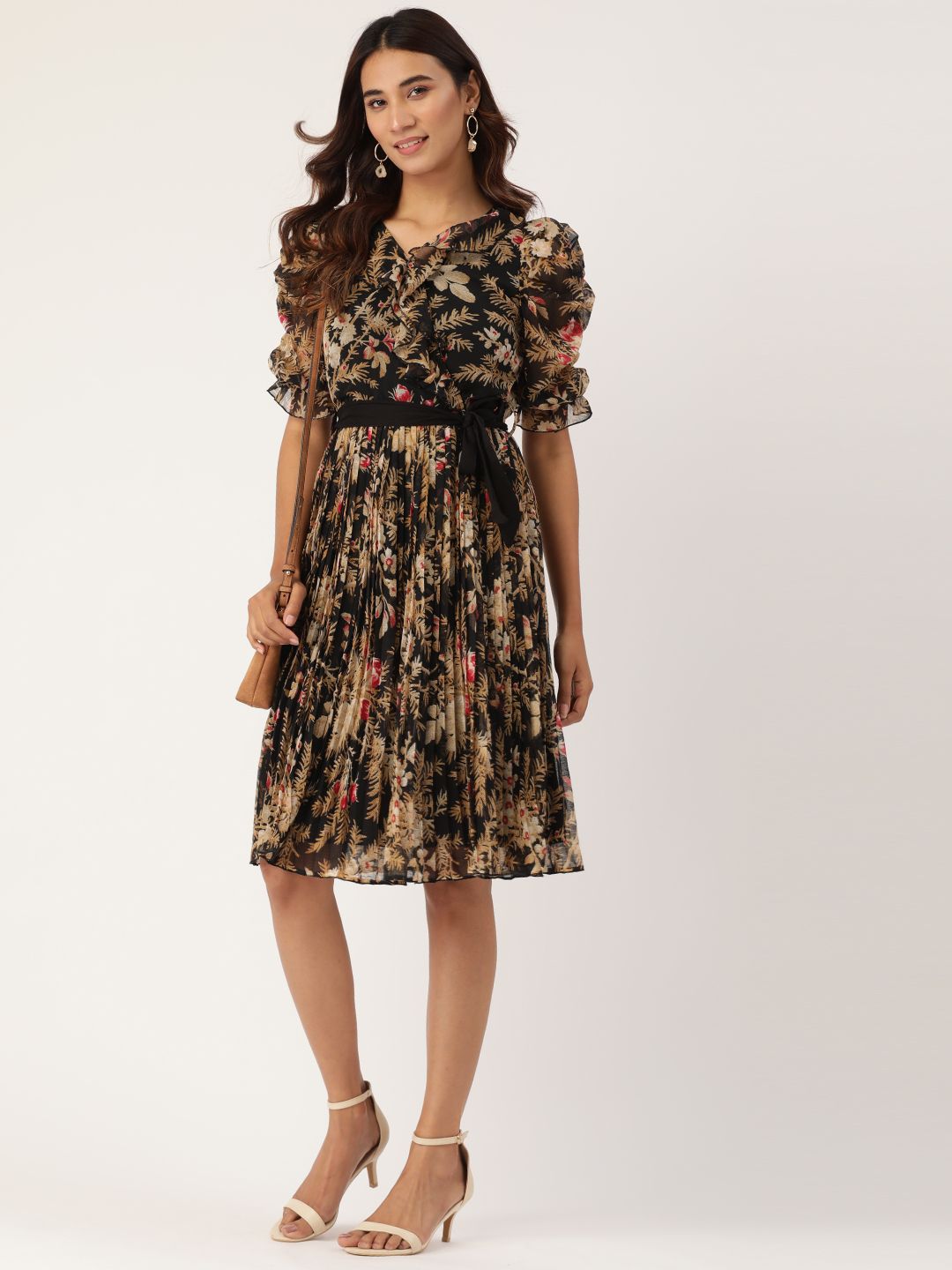 Antheaa Black & Beige Floral Printed Accordion Pleated Wrap Dress With Belt