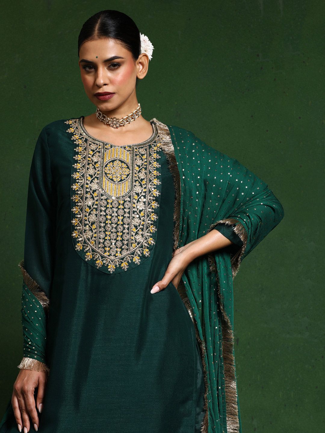Varanga Floral Embroidered Cotton Silk Zari Work Straight Kurta With Trousers & Dupatta