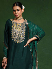 Varanga Floral Embroidered Cotton Silk Zari Work Straight Kurta With Trousers & Dupatta