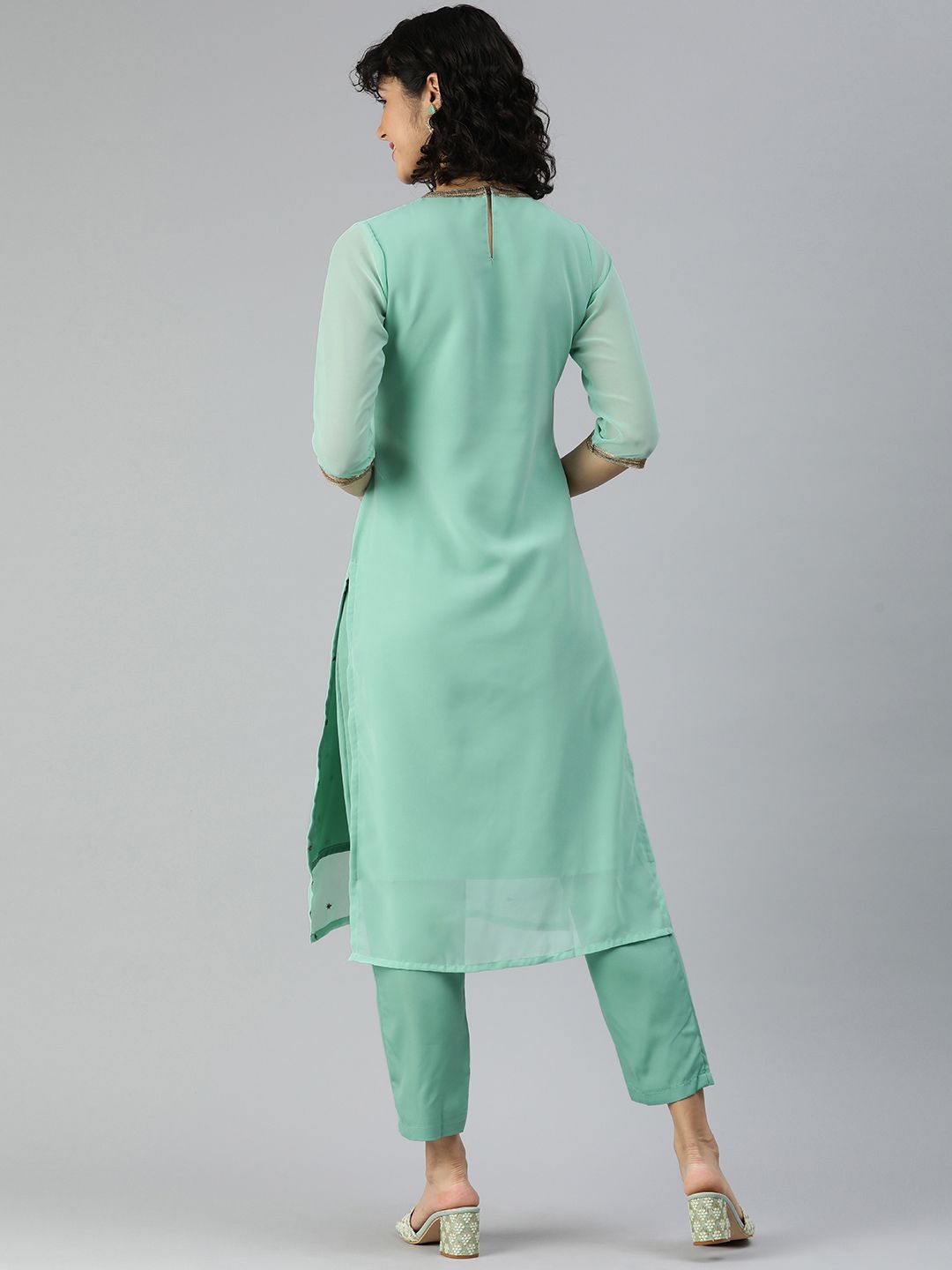 KALINI Floral Embroidered Regular Sequinned Kurta with Trousers