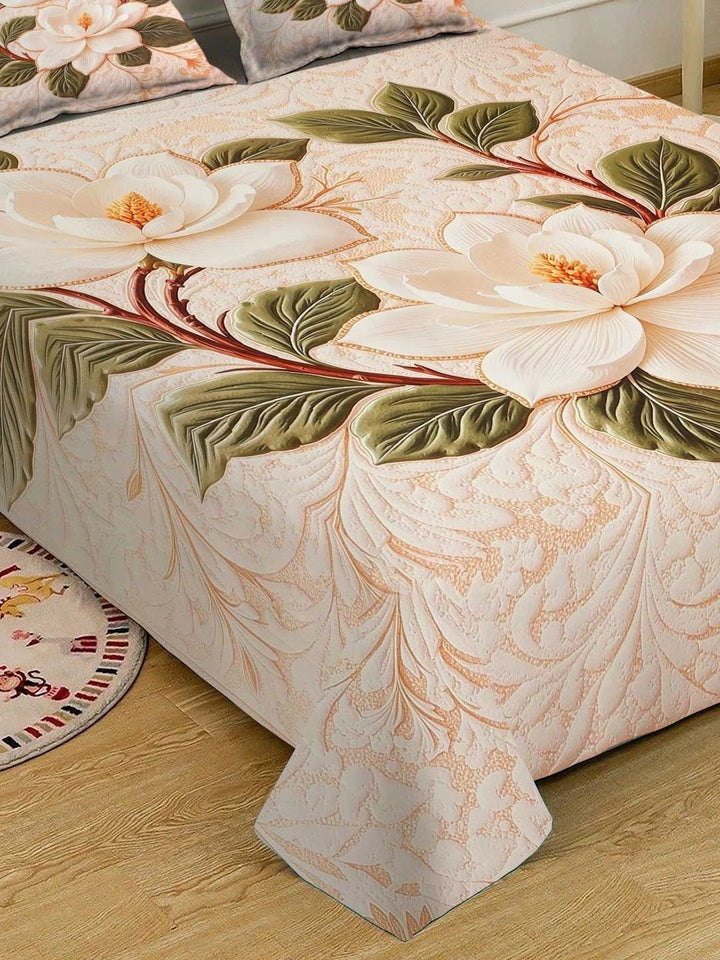 Moda Rapido X KLOTTHE Cream-Coloured & Green Floral 400 TC King Bedsheet with 2 Pillow Covers