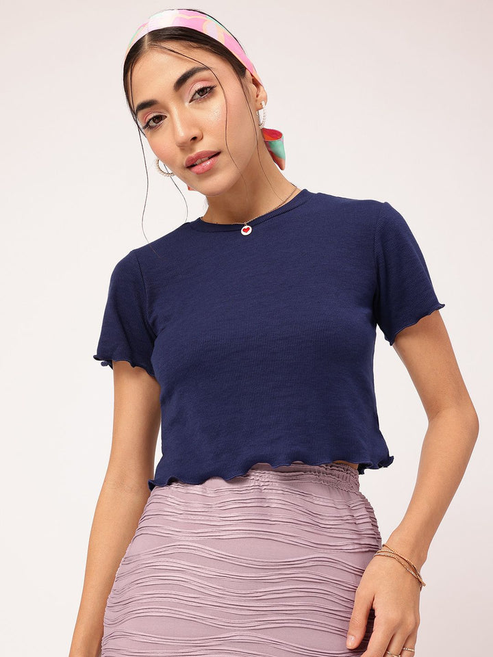 DressBerry Nautical Neutrals Ribbed Lettuce Hem Top