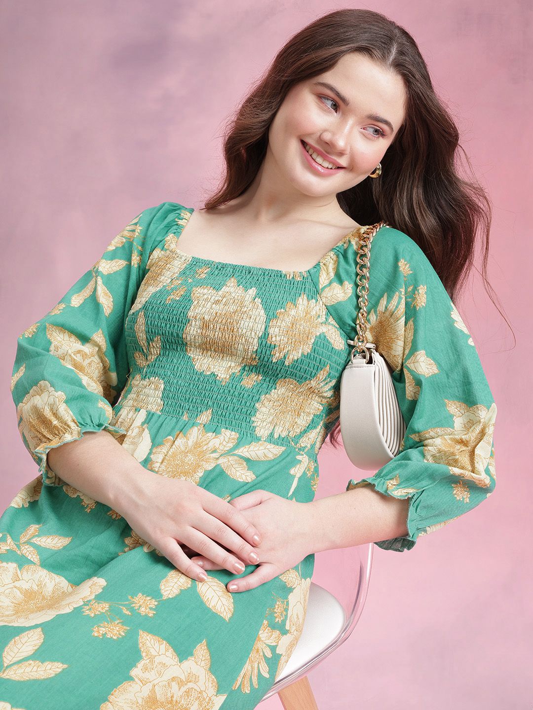 DressBerry Floral Print Puff Sleeve Fit & Flare Dress