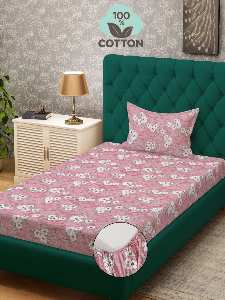 KLOTTHE Pink Printed Pure Cotton 400TC Single Fitted Bedsheet Set