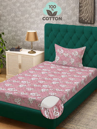 KLOTTHE Pink Printed Pure Cotton 400TC Single Fitted Bedsheet Set