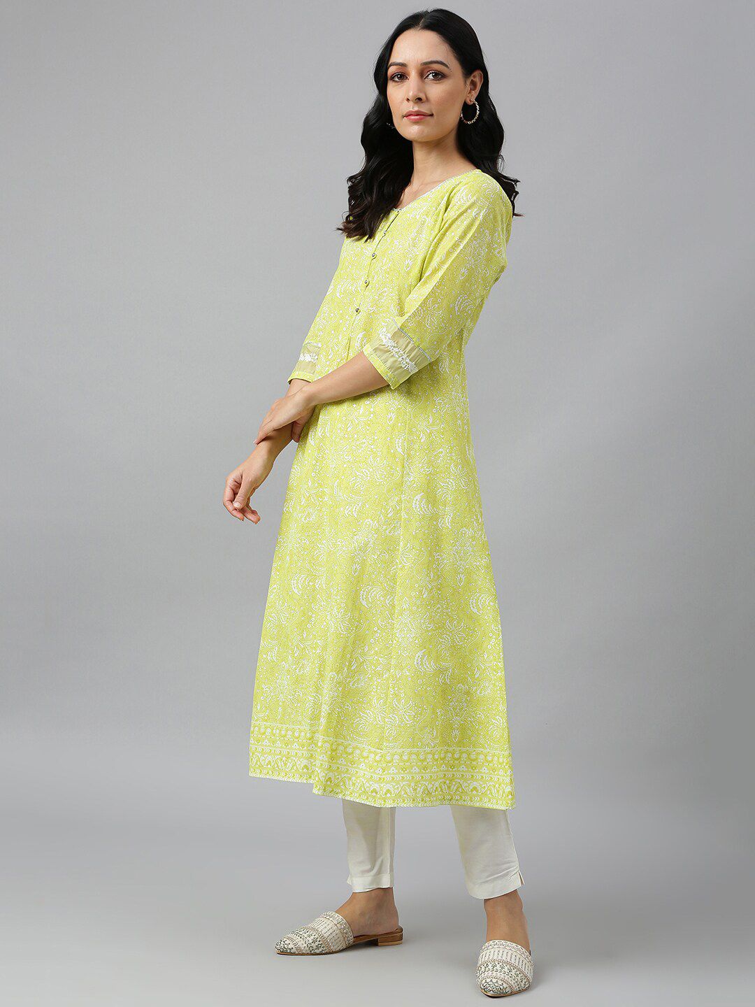 W Women Yellow Floral Printed Anarkali Kurta