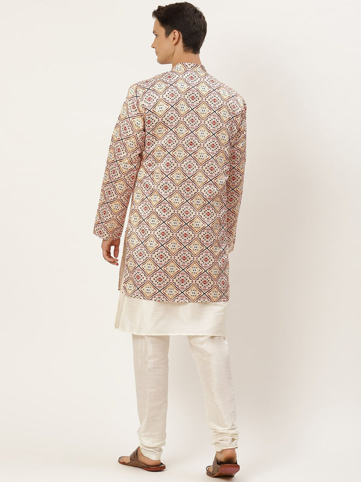 SOJANYA Men Off White & Yellow Kurta with Churidar