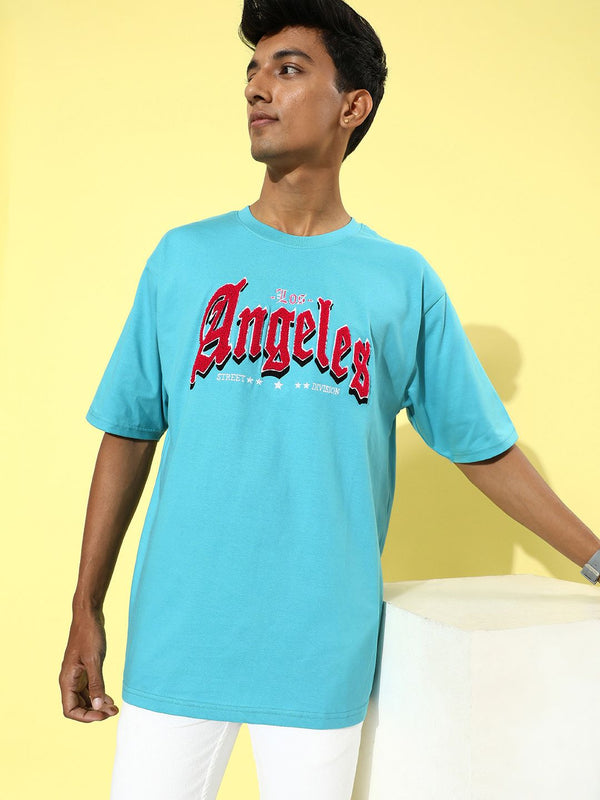 Perbezaan pendapat lelaki tipografi biru bersulam besar T-shirt panjang kapas tulen