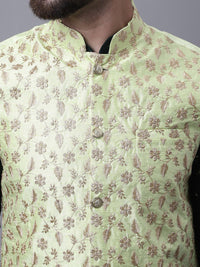 SOJANYA Motif Etnik Lelaki Sulam Kurta Kapas Tulen dengan Piyama & Jaket Nehru