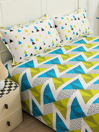 Story@home Ventura Green Geometric 144 TC Cotton Queen Bedsheet With 2 Pillow Covers