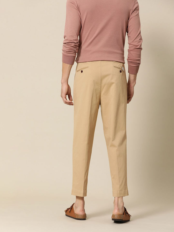 Mr Bowerbird Men Dark Beige Oversized Fit Mid-Rise Elephant Ankle Woven Pleated Trousers