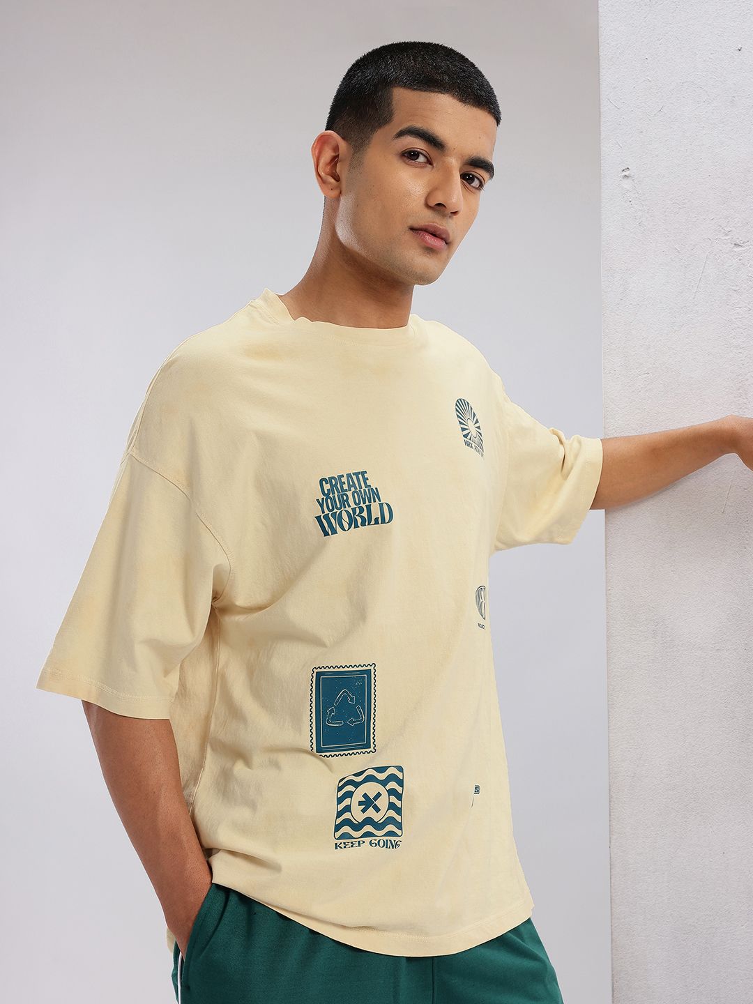 HRX by Hrithik Roshan Printed Drop-Sleeves Pure Cotton Oversized Lifestyle T-shirt
