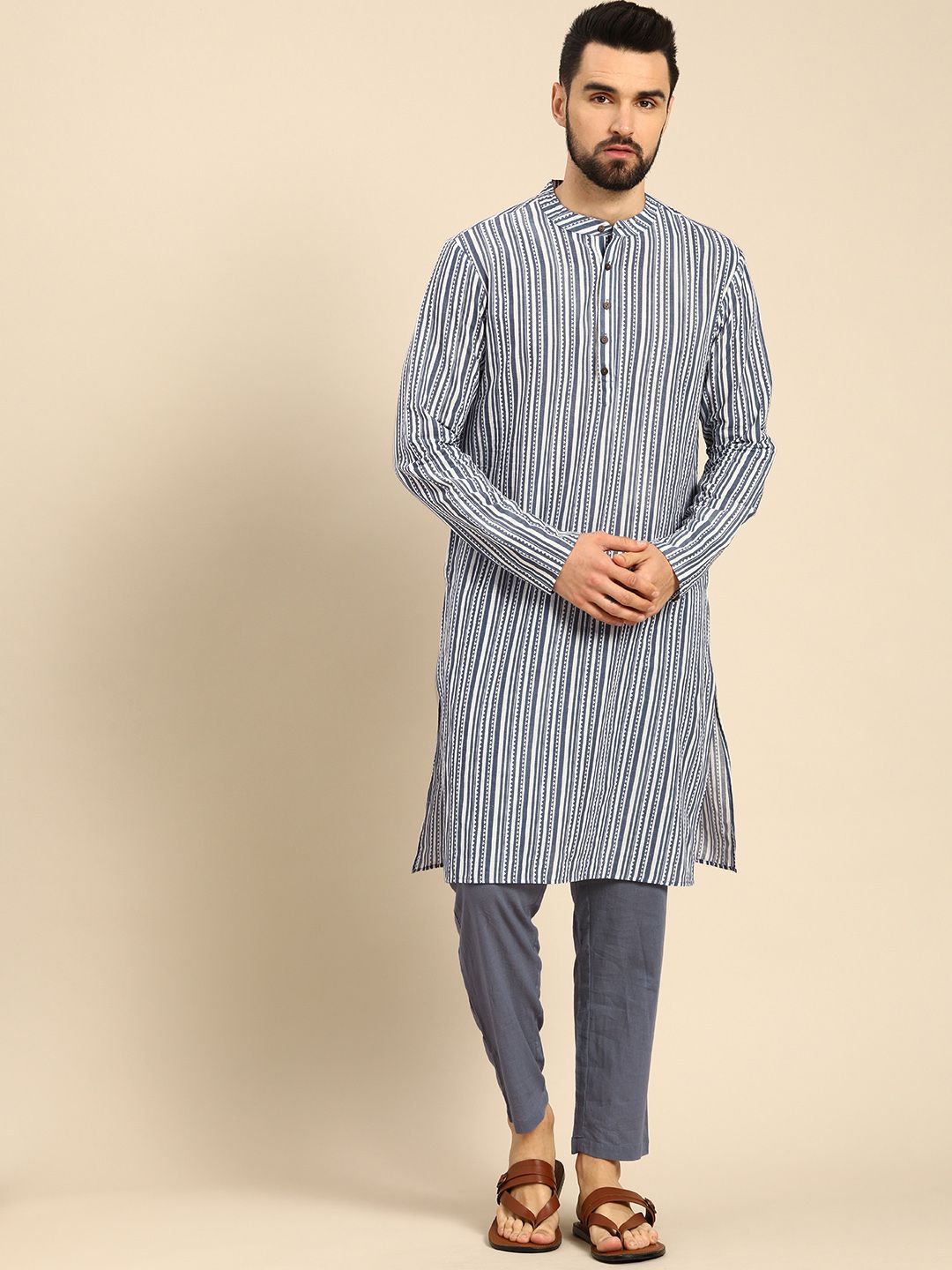 Anouk Men White Printed Pure Cotton Kurta with Trousers