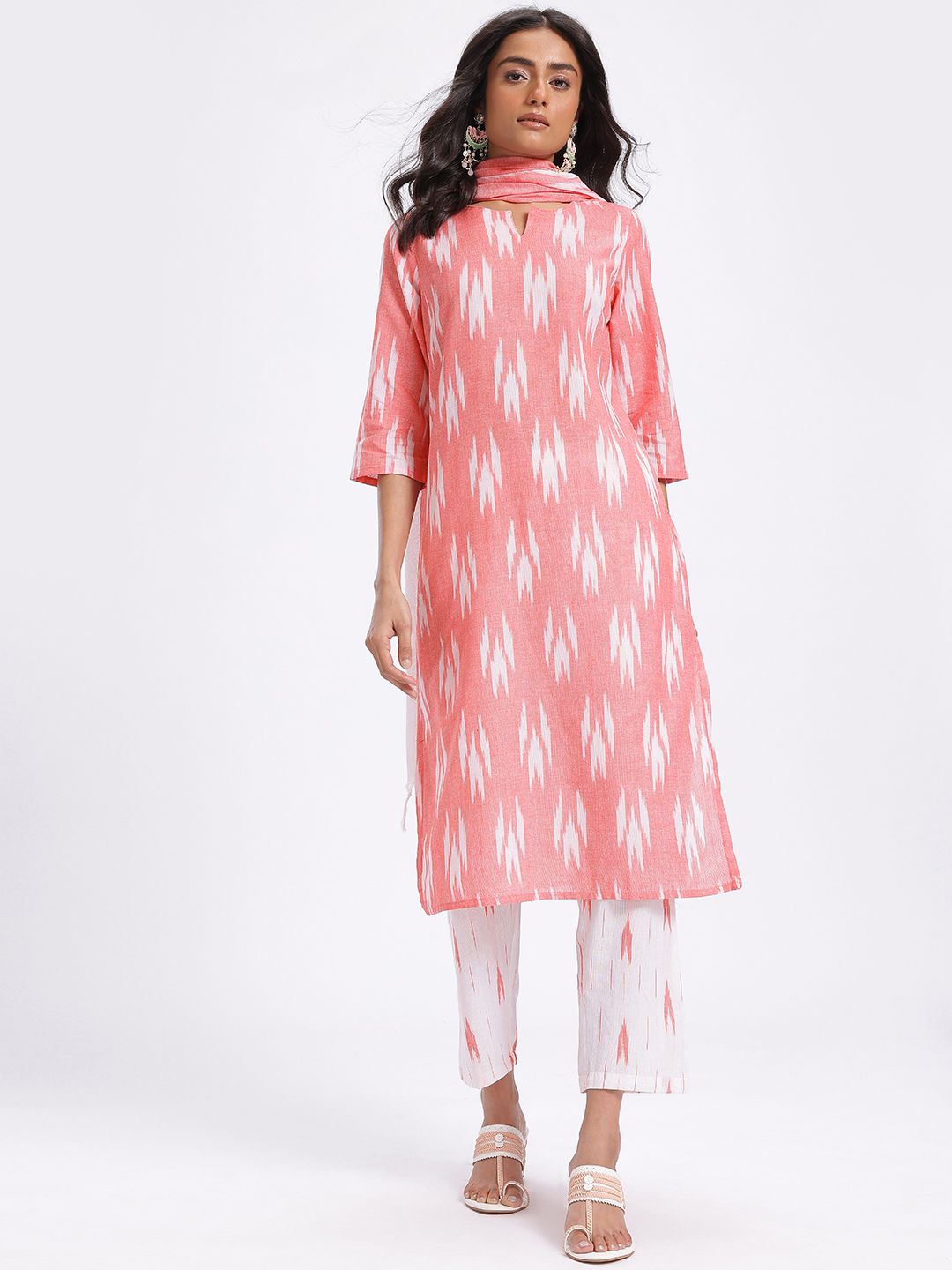 Anouk Ikat Print Regular Pure Cotton Kurta with Trousers & Dupatta