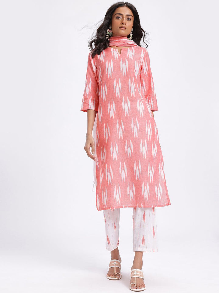 Anouk Ikat Print Regular Pure Cotton Kurta with Trousers & Dupatta