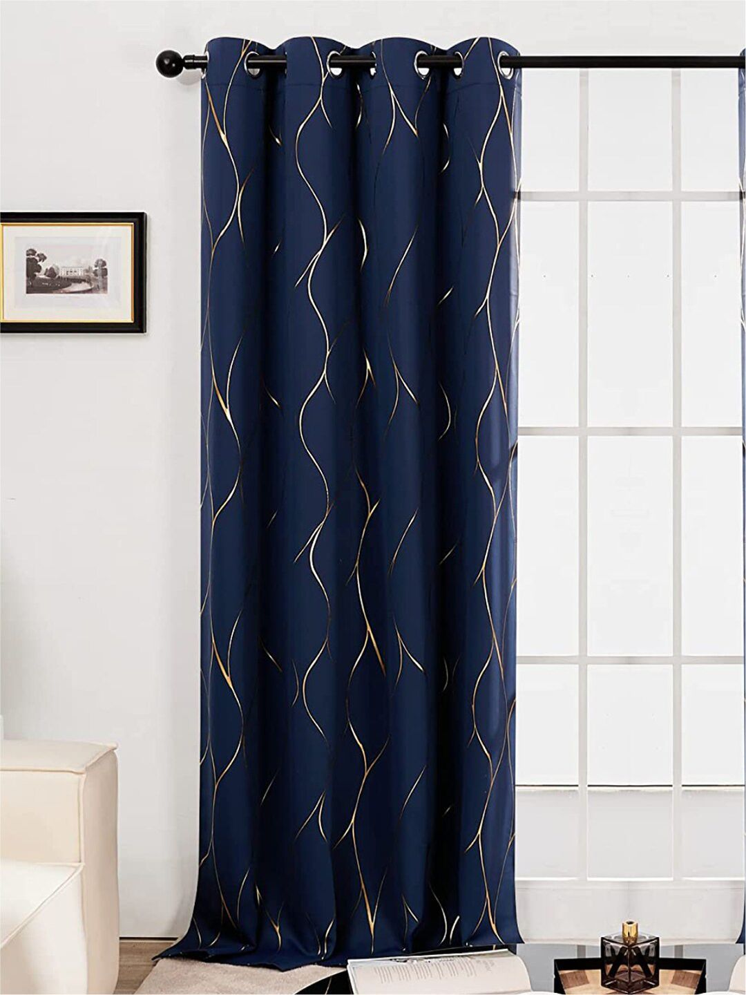 URBAN SPACE Navy Blue & Gold-Toned Black Out Door Curtain
