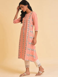 W Peach-Coloured & Cream-Coloured Floral Printed Pure Cotton Kurta with Trousers