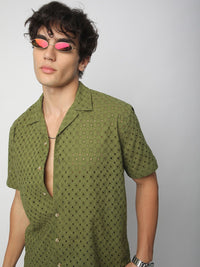 VASTRADO Men Classic Cuban Collar Textured Cotton Oversized Casual Shirt