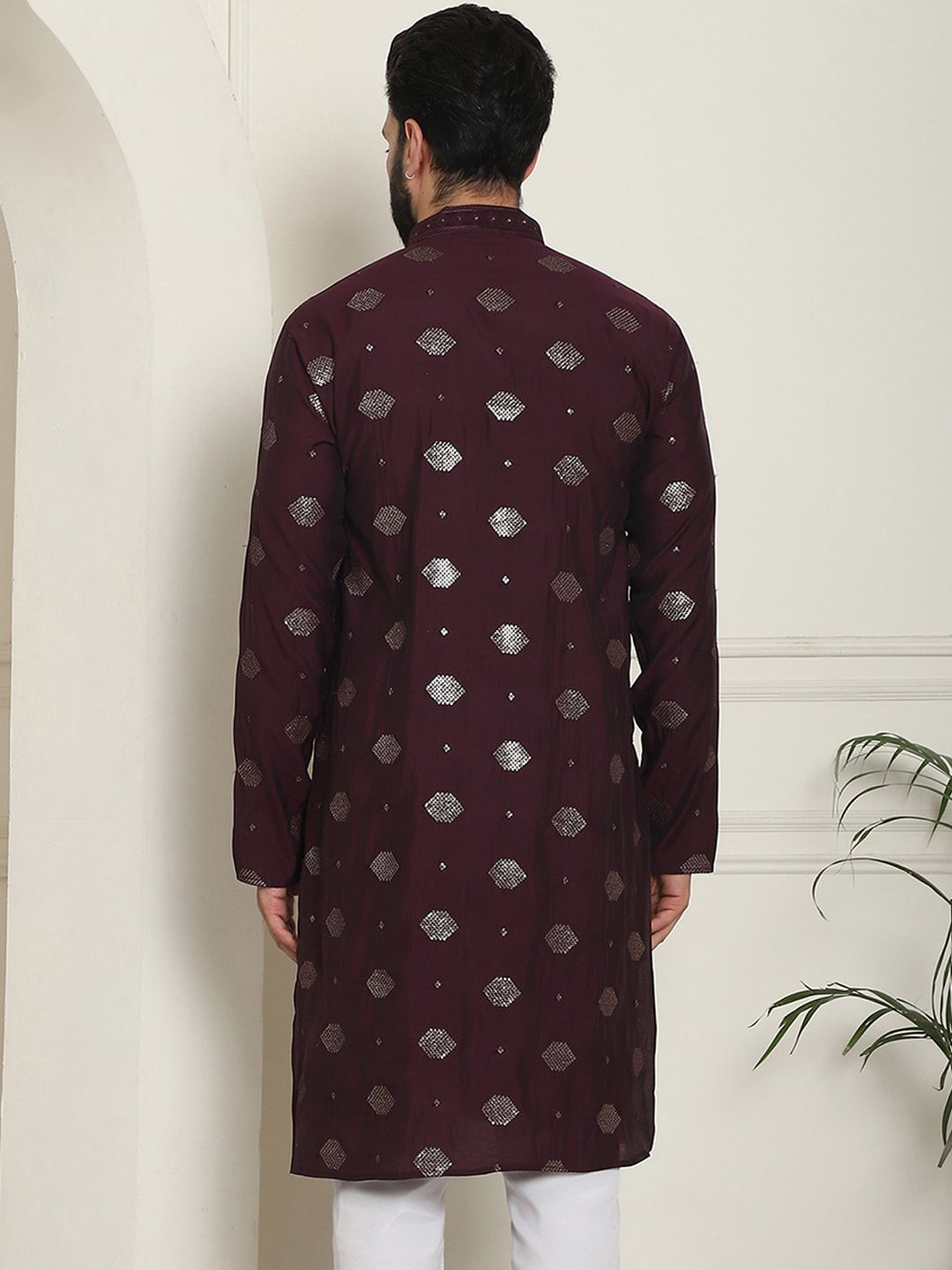 SOJANYA Dihiasi Geometrik Kolar Mandarin Kolar Kapas Sutera Lurus Kurta