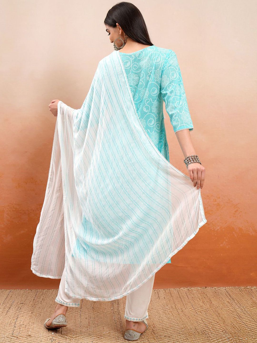 Vishudh Blue Floral Printed Thread Work Pure Cotton A-Line Kurta With Trousers & Dupatta