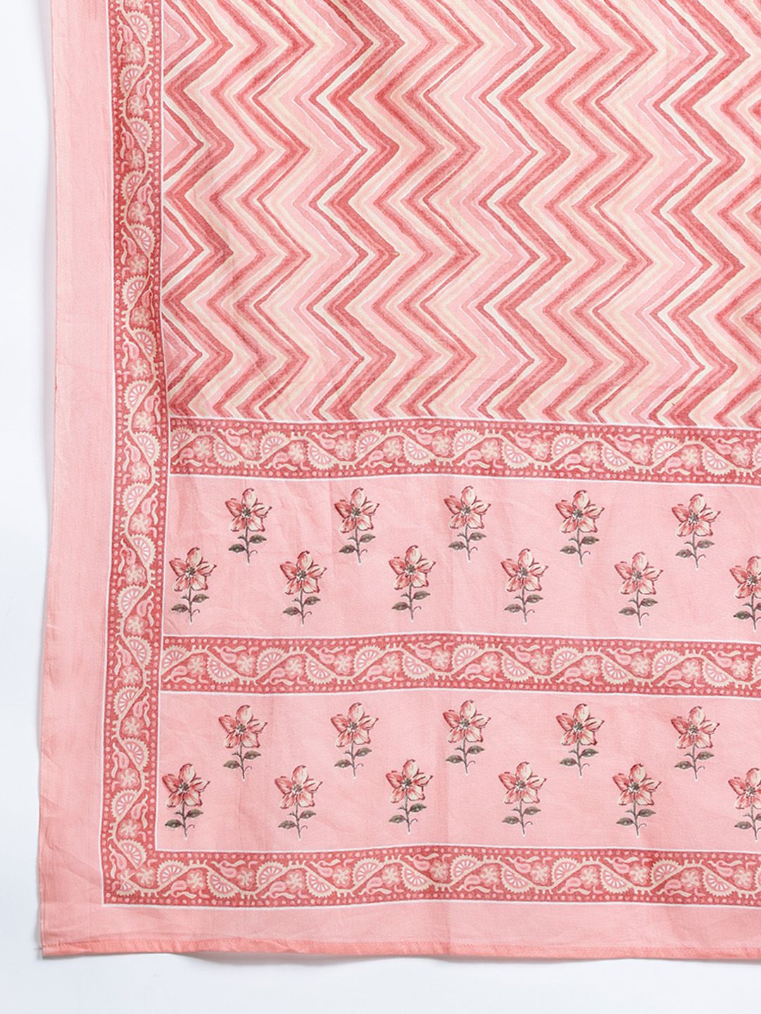 Indo Era Floral Printed Empire Mirror Work Pure Cotton Kurta With Trousers & Dupatta