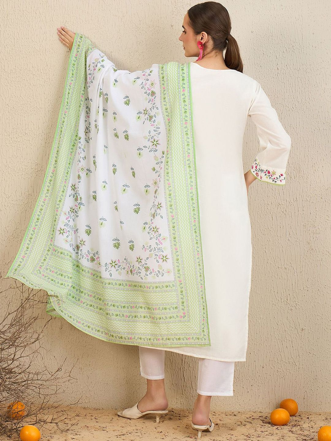 Indo Era Floral Embroidered Pure Cotton Kurta With Trousers & Dupatta
