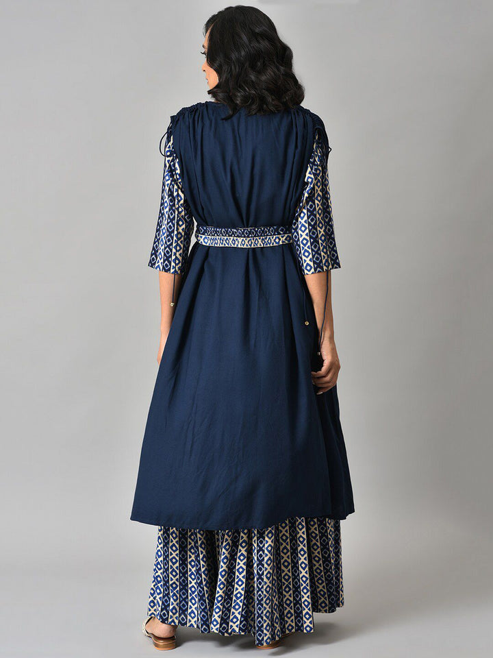 W Women Blue Solid Gathered Cape with Ikkat Printed Crop Top and Skirt Co-ord Set
