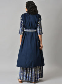 W Women Blue Solid Gathered Cape with Ikkat Printed Crop Top and Skirt Co-ord Set