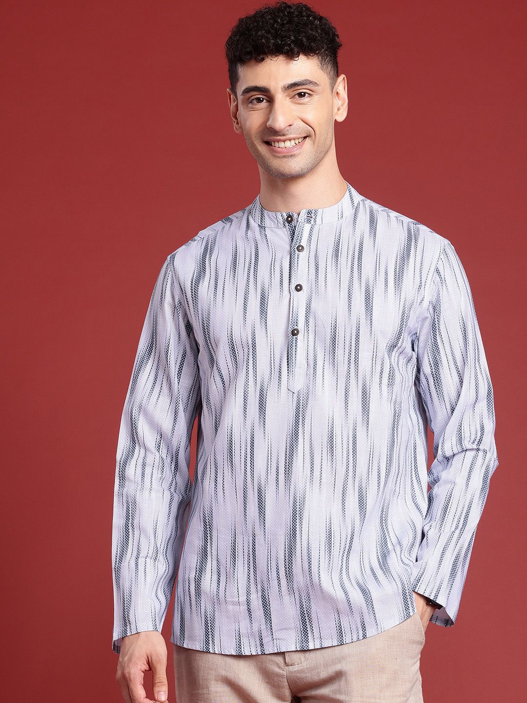 Anouk Men Ikat Printed Mandarin Collar Pure Cotton Short Kurta
