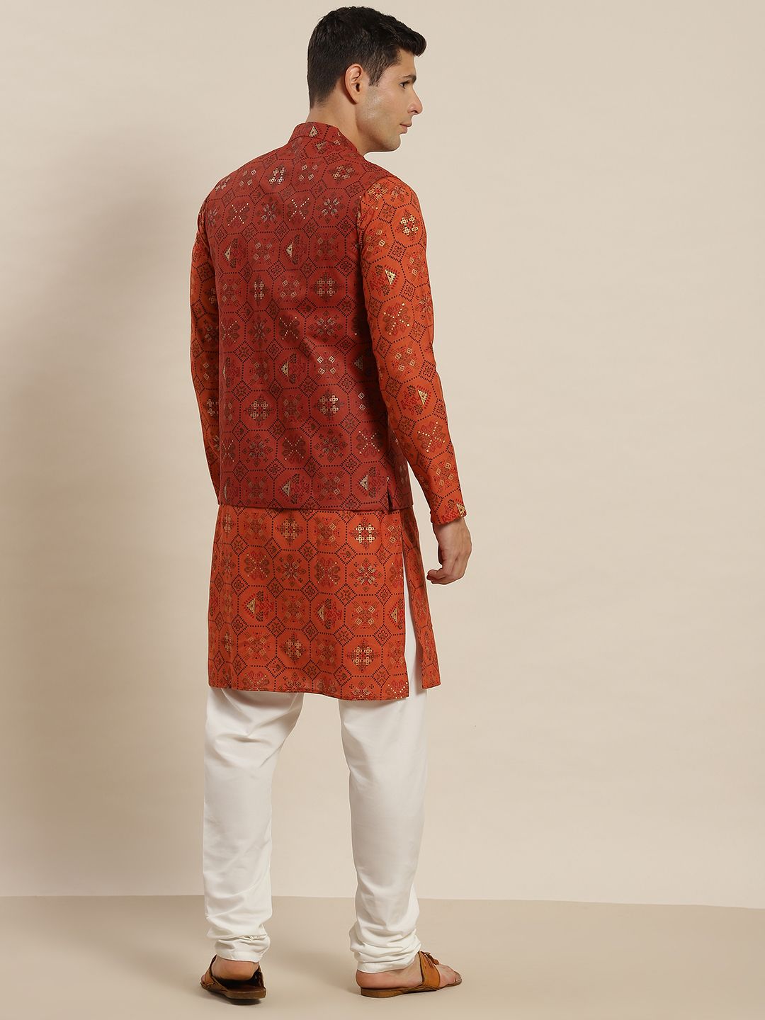 SOJANYA Men Orange Printed Kurta with Pyjamas & Nehru Jacket