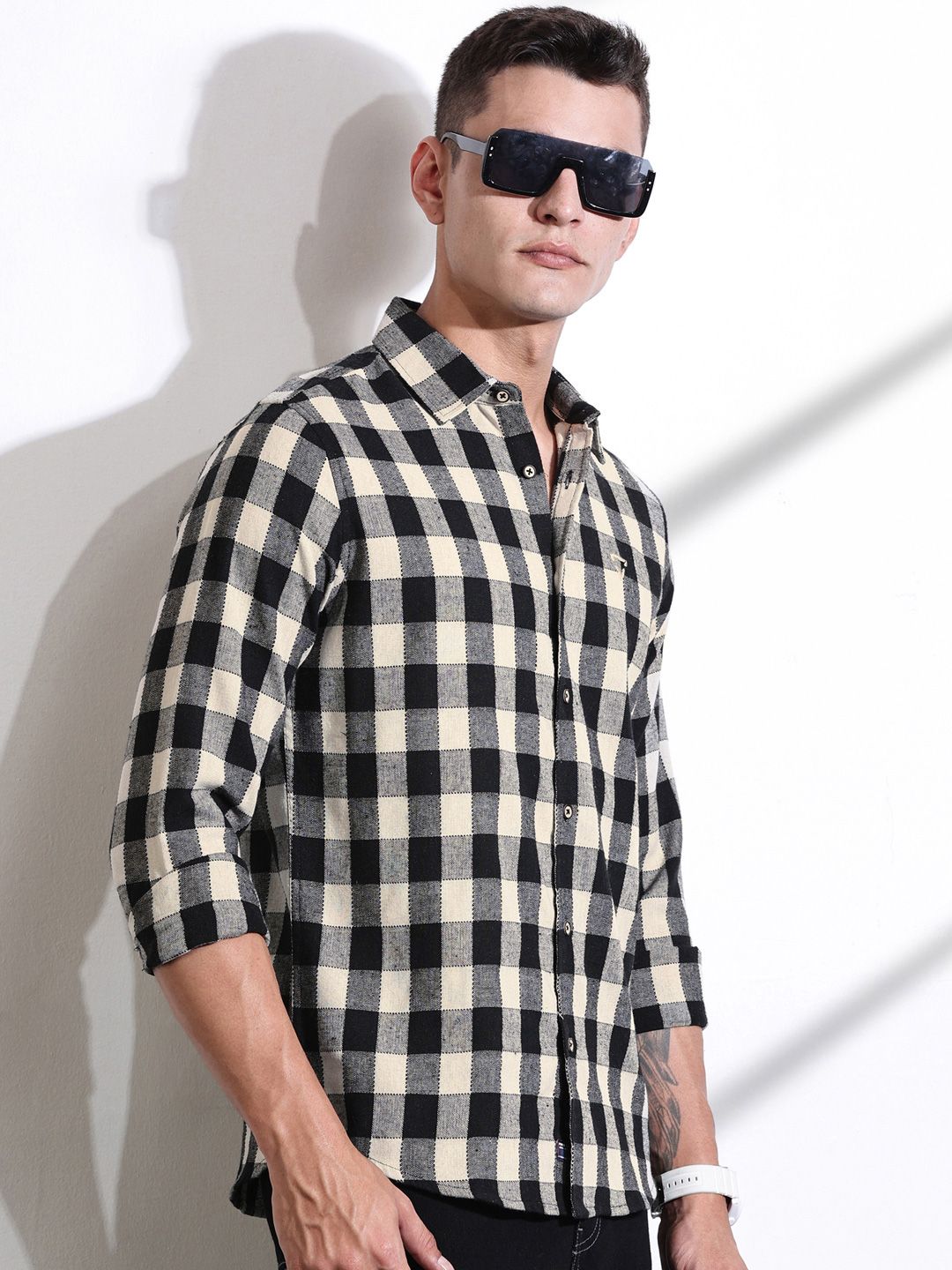 Thomas Scott Men Classic Slim Fit Spread Collar Windowpane Checked Cotton Casual Shirt