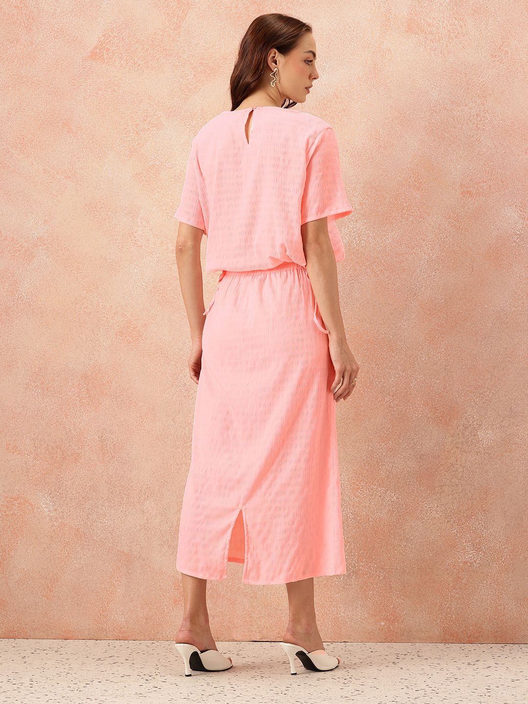 all about you Seersucker Effect Tie-Up Detail Top with Midi A-Line Skirt