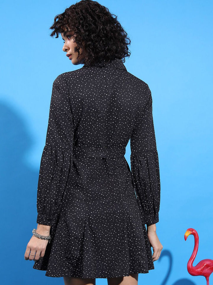 Tokyo Talkies Black & White Polka Dot Printed Cuffed Sleeves Shirt Dress