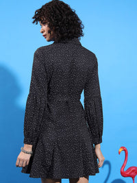 Tokyo Talkies Black & White Polka Dot Printed Cuffed Sleeves Shirt Dress