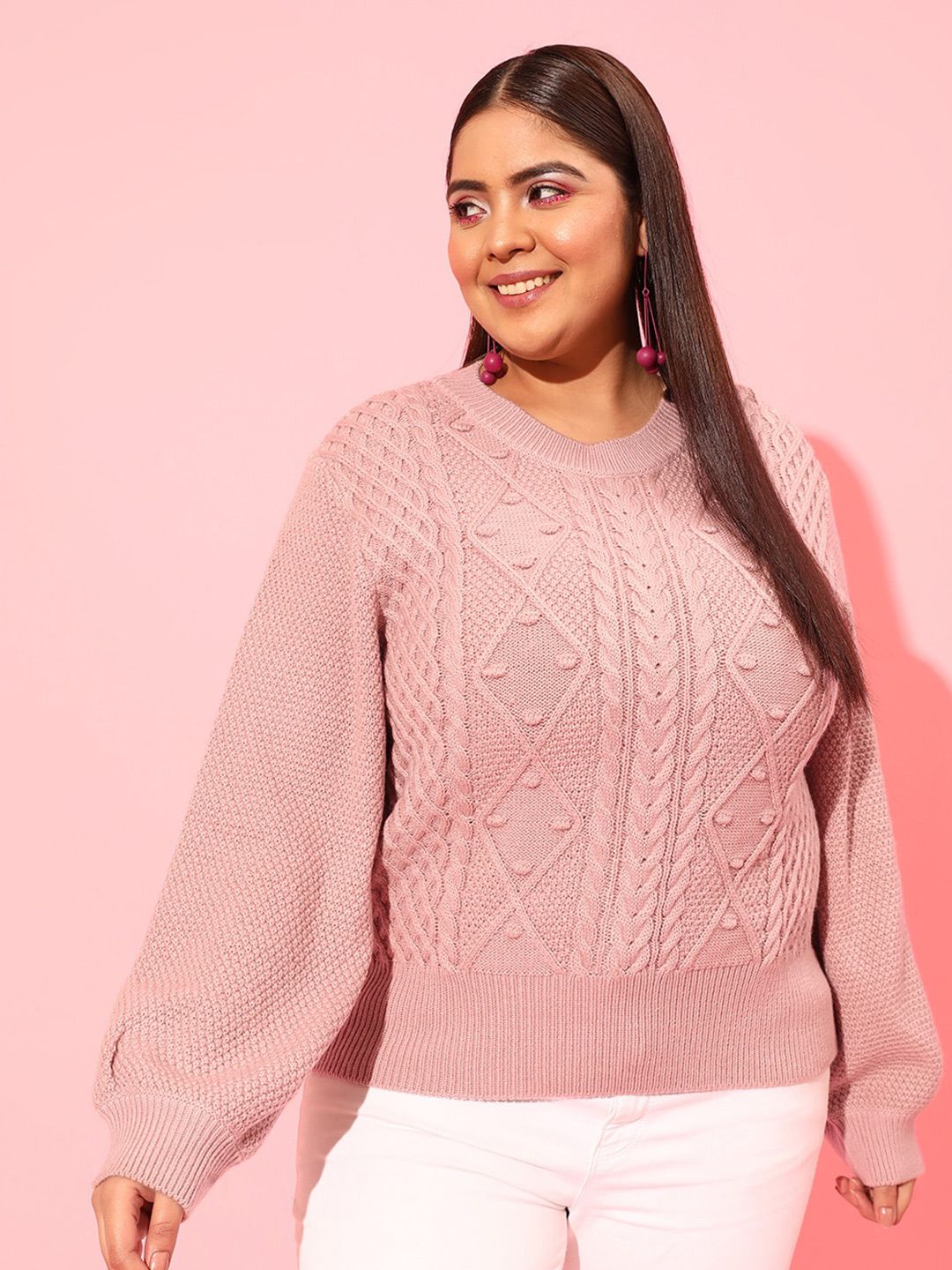 CURVY STREET Plus Size Women Pink Cable Knit Acrylic Pullover